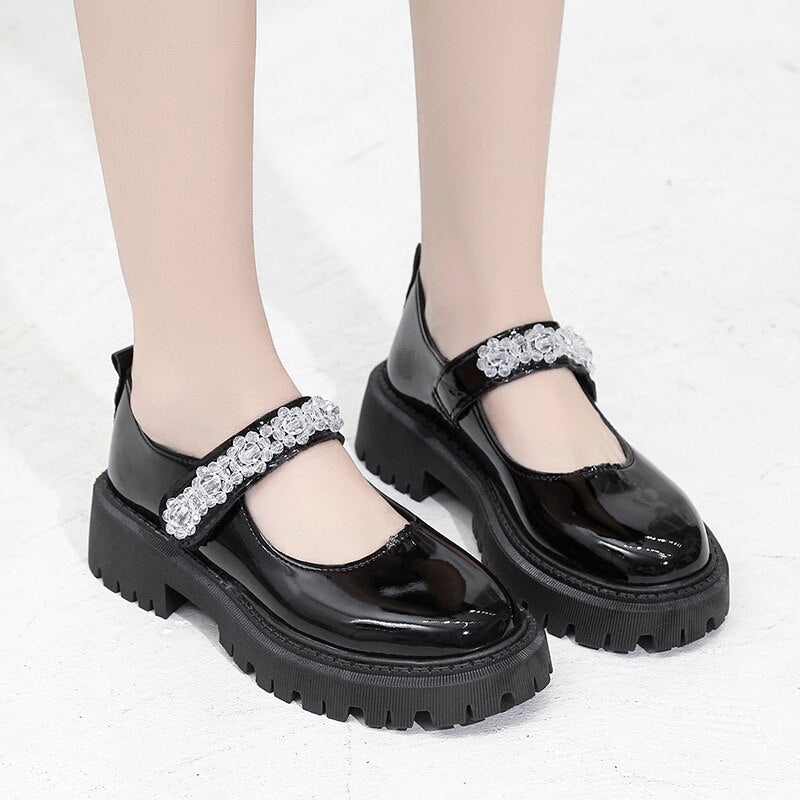 Rimocy Shining Crystal Women's Mary Janes Shoes Spring Pu Leather Flat Shoes Woman Med Heels Non-slip Platform Casual Shoes