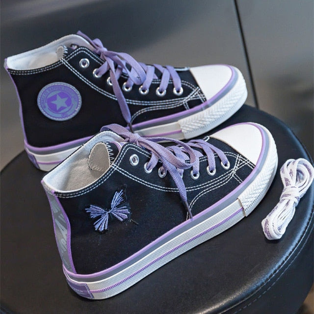 xiangtuibao Spring New Women Canvas Shoes Fashion Drawings Girl Purple Vulcanized Sneakers Butterfly Embroidery Casual High Low Flat Shoes