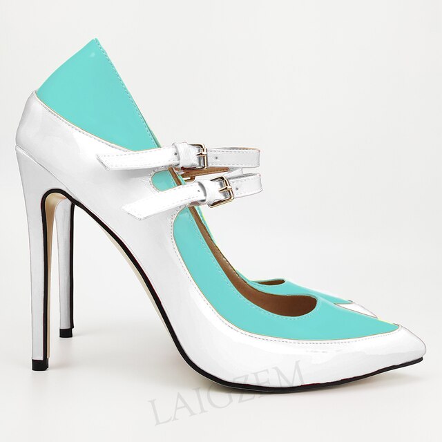 Pinpaixiong Color Contrast Women Heels Buckle Straps Desgin 12CM High Heels Shoes Women Scarpe Donna Tacones Size 34 43 44 47