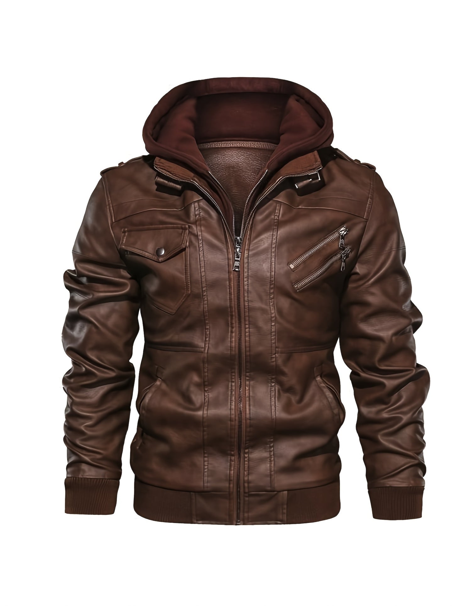 Trendy Mens PU Leather Biker Jacket - Chic Hooded Design with Zip Up Closure - Durable & Stylish Casual Wear