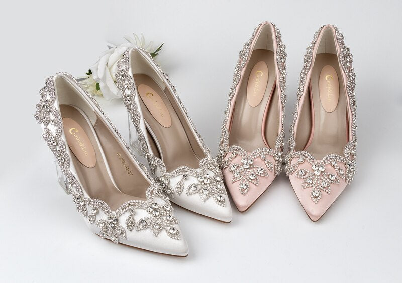 xiangtuibao Wedding Shoes Luxury Design Higher Quality Satin Full Stone Rhinestone Pointed Toe Bride Pumps Fat Square Clear Higher Heels