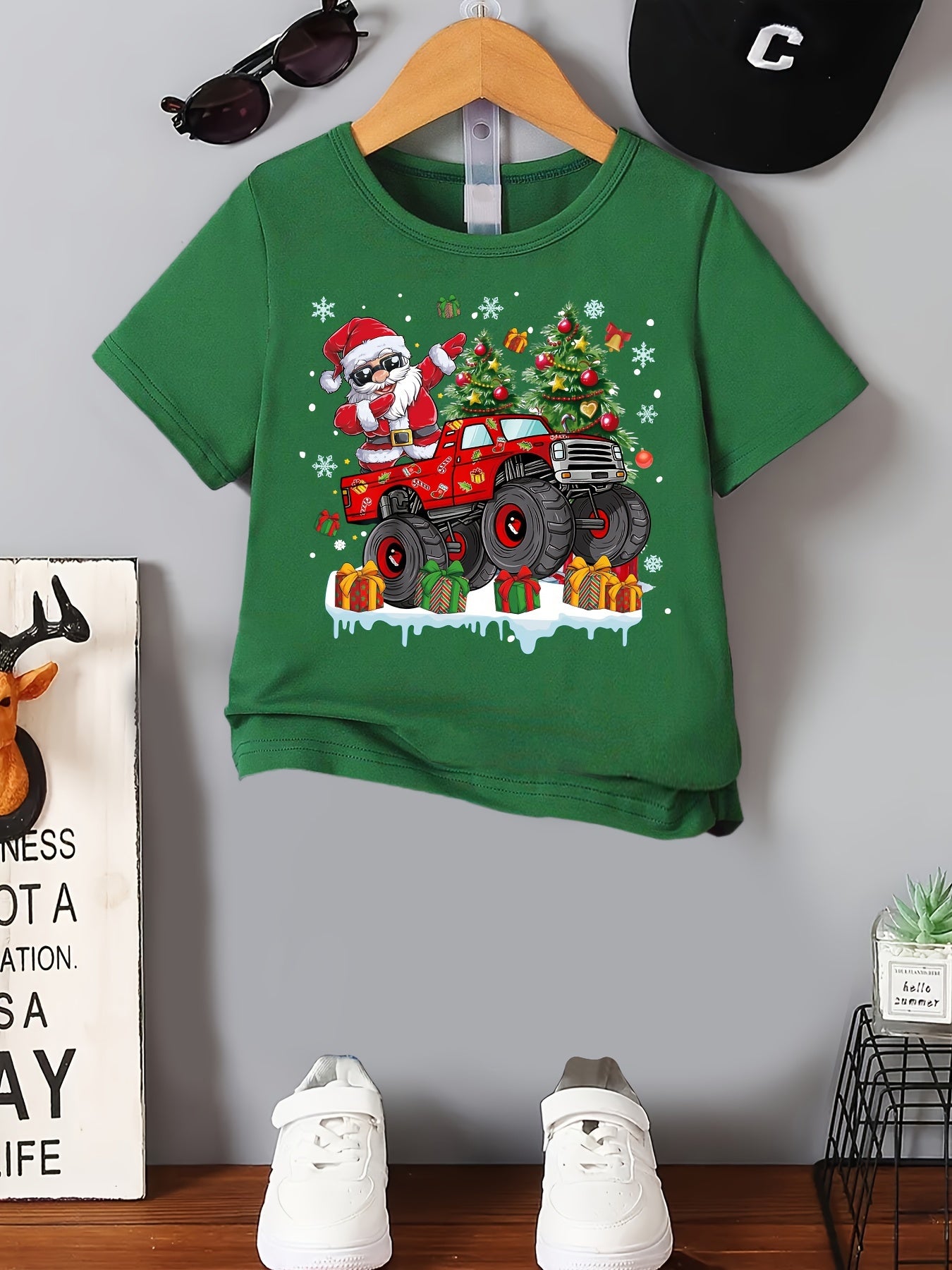 MILKYSHIP Kids Christmas Monster Truck Santa Print T-Shirt - Casual Crew Neck Polyester Tee with Applique, Slight Stretch, Summer Season Top for Boys, Regular Fit, Knit Fabric - Ages 12 & Under