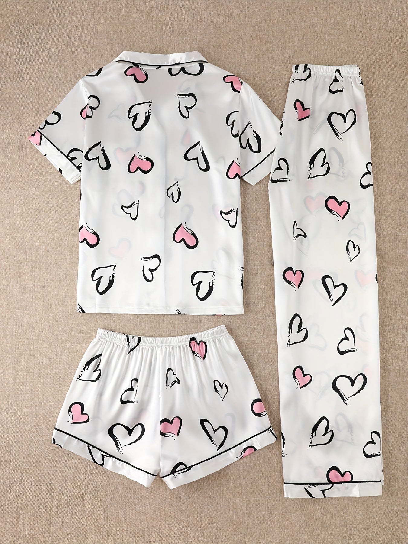 1 Shirt and 2 Trousers Womens Elegant Heart Print Satin Pajama Set - Soft, Relaxed Fit, Short Sleeve, Lapel Collar, Random Printing - Comfortable, Woven, Non-Sheer, All Seasons