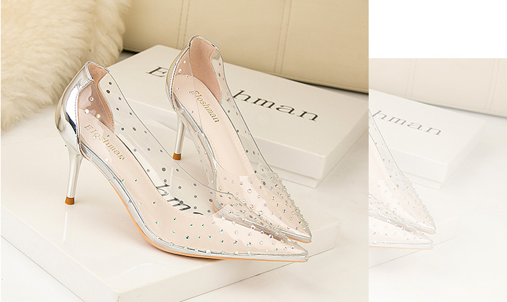 xiangtuibao Transparent high heel women's stiletto pointed wedding shoes rhinestone glass glue, star shoes
