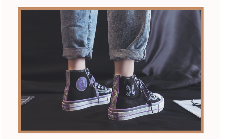 xiangtuibao Spring New Women Canvas Shoes Fashion Drawings Girl Purple Vulcanized Sneakers Butterfly Embroidery Casual High Low Flat Shoes