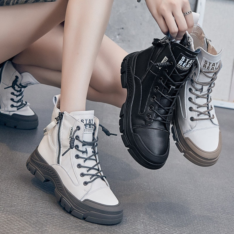 Genuine Leather Boots for Women Heels Ankle Boots Female Chunky Shoes Woman Flats Platform Heels Women's Shoes Rubber Sole