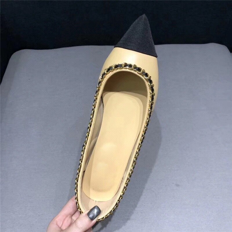 Women Fashion Flats Shoes Genuine Leather Pointed Toe Mixed Color Females Single Shoes Shallow Metal Chain Classic luxury brand