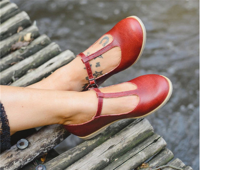 Women Flat Shoes Retro Handmade T-straps Vintage Casual Flats Loafer Shoes Woman Large Size