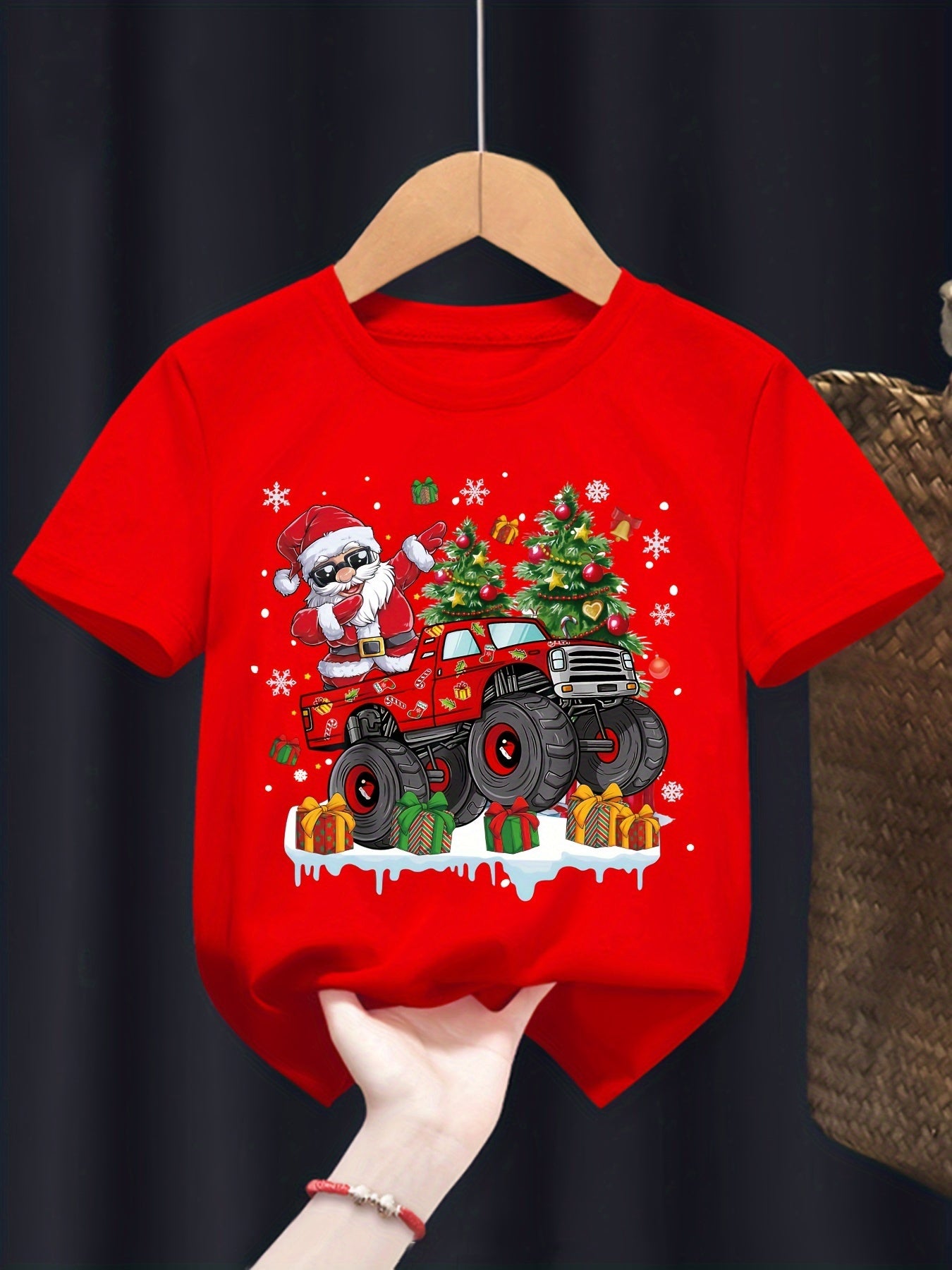 MILKYSHIP Kids Christmas Monster Truck Santa Print T-Shirt - Casual Crew Neck Polyester Tee with Applique, Slight Stretch, Summer Season Top for Boys, Regular Fit, Knit Fabric - Ages 12 & Under