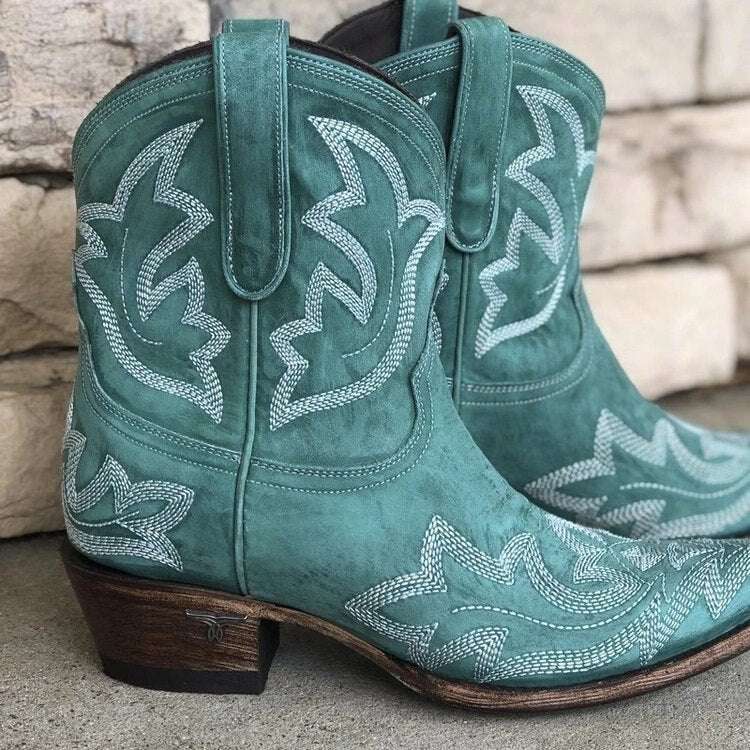 xiangtuibao Embroidery Botas Mujer Faux Leather Cowboy Ankle Boots For Women Wedge High Heel Boots Snake Print Western Cowgirl Boots