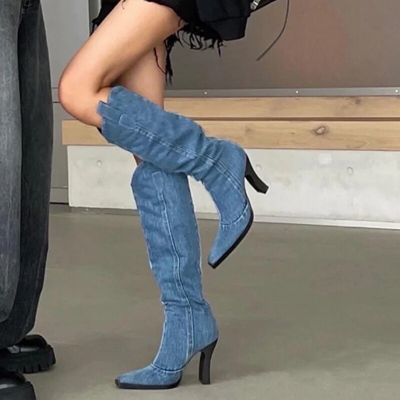 xiangtuibao Western Cowboy Boots women Spring and Autumn New European and American Pointed High Heel below Knee High Leg Boot Sleeve