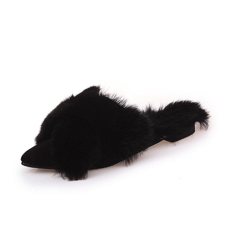 Furry Slides for Women Winter Outdoor Flock Flat Soft Mules Pantoufle Femme Rasteiras Shoes Slides Zapatillas De Casa Mujer Buty