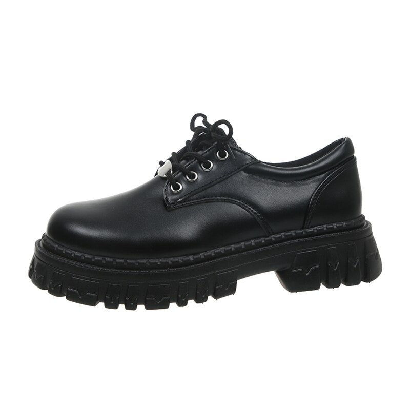 Rimocy Classic Black Platform Loafers Shoes for Women Autumn Round Toe Lace-up Flats Woman Thick Bottom PU Leather Shoes