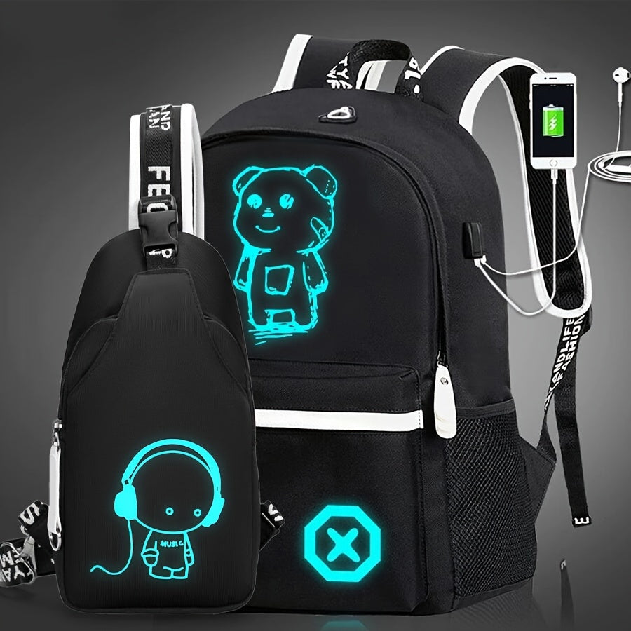 2-Piece Set Stylish Cartoon Printed Backpack Combo - Spacious & Versatile, Casual Daypack with Crossbody Chest Bag - Ideal for School, Travel & Daily Use