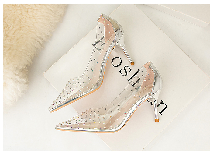 xiangtuibao Transparent high heel women's stiletto pointed wedding shoes rhinestone glass glue, star shoes