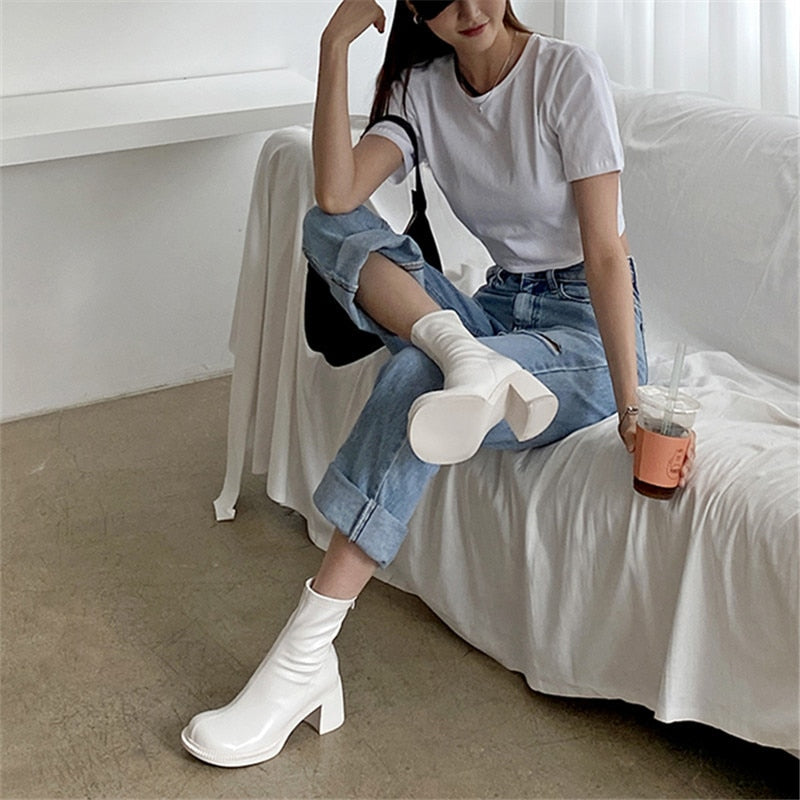 xiangtuibao Sexy Black Women Ankle Boots Chunky High Heel Elastic Sock Boot Ladies Shoes Round Toe Slim Fit Short Booties Autumn Botas Mujer