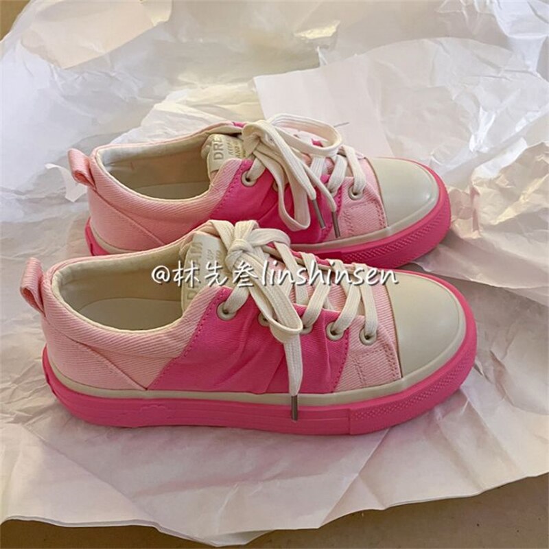 xiangtuibao Canvas Sneakers Woman Vulcanized Shoes Platform Sneakers Women Lace Up Pink Flats Sneakers Ladies Spring Autumn Sports Shoes INS