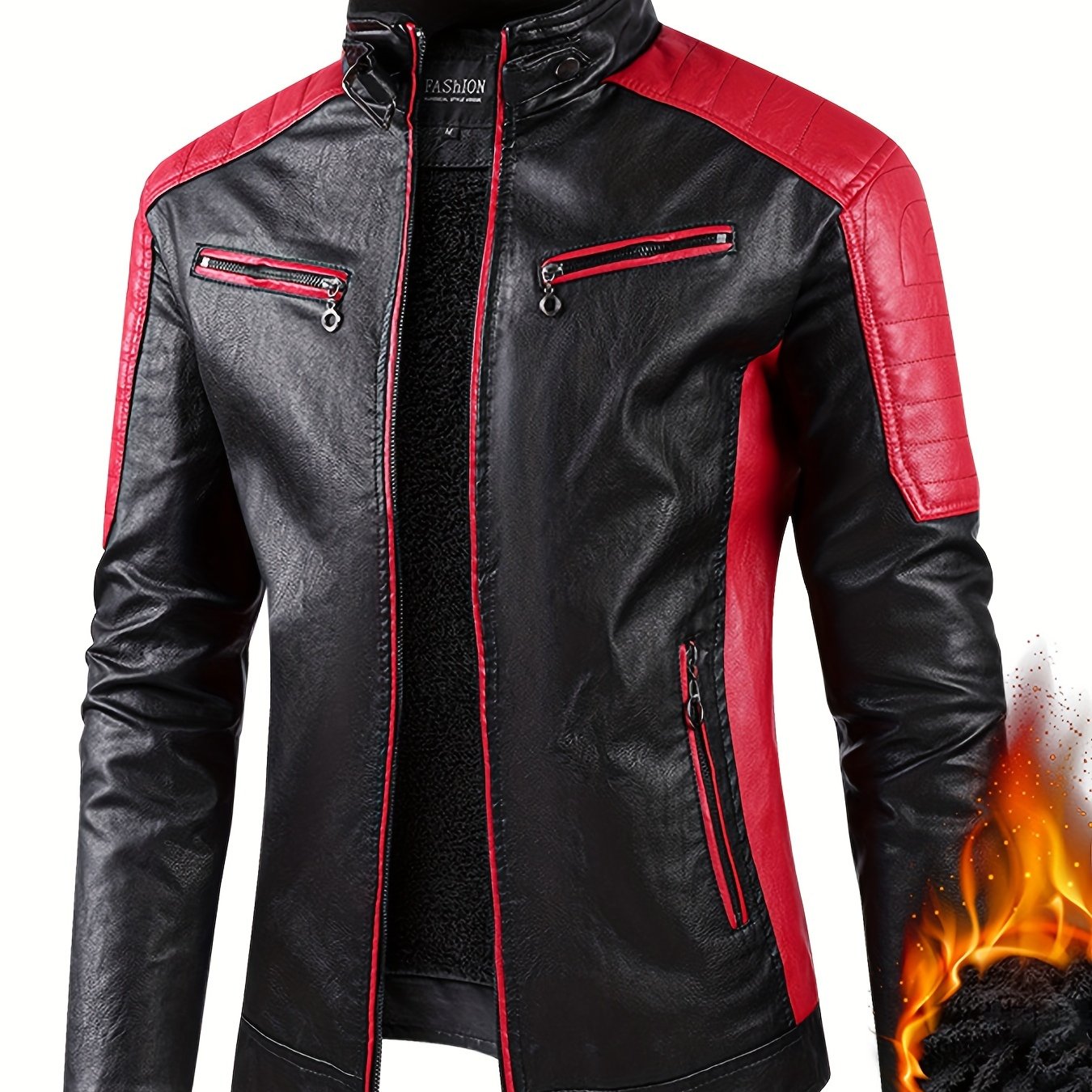 Men's Stylish Warm Fleece PU Jacket | Easy Care, Regular Fit, Solid Color | Chic Winter Casual with Stand Collar