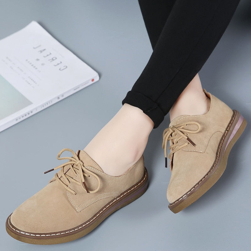 GHJIOL Spring Women Flats Shoes Women Sneakers Leather Suede Lace Up Boat Shoes Round Toe Flats Moccasins Oxford For Women