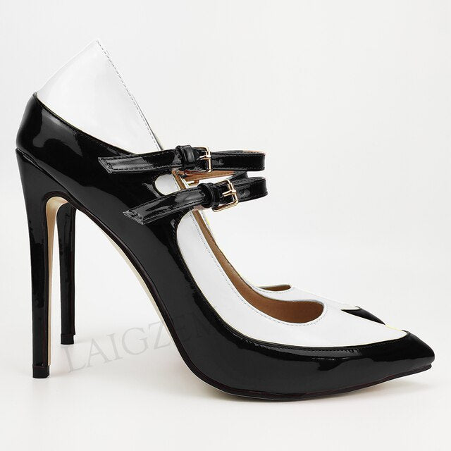 Pinpaixiong Color Contrast Women Heels Buckle Straps Desgin 12CM High Heels Shoes Women Scarpe Donna Tacones Size 34 43 44 47
