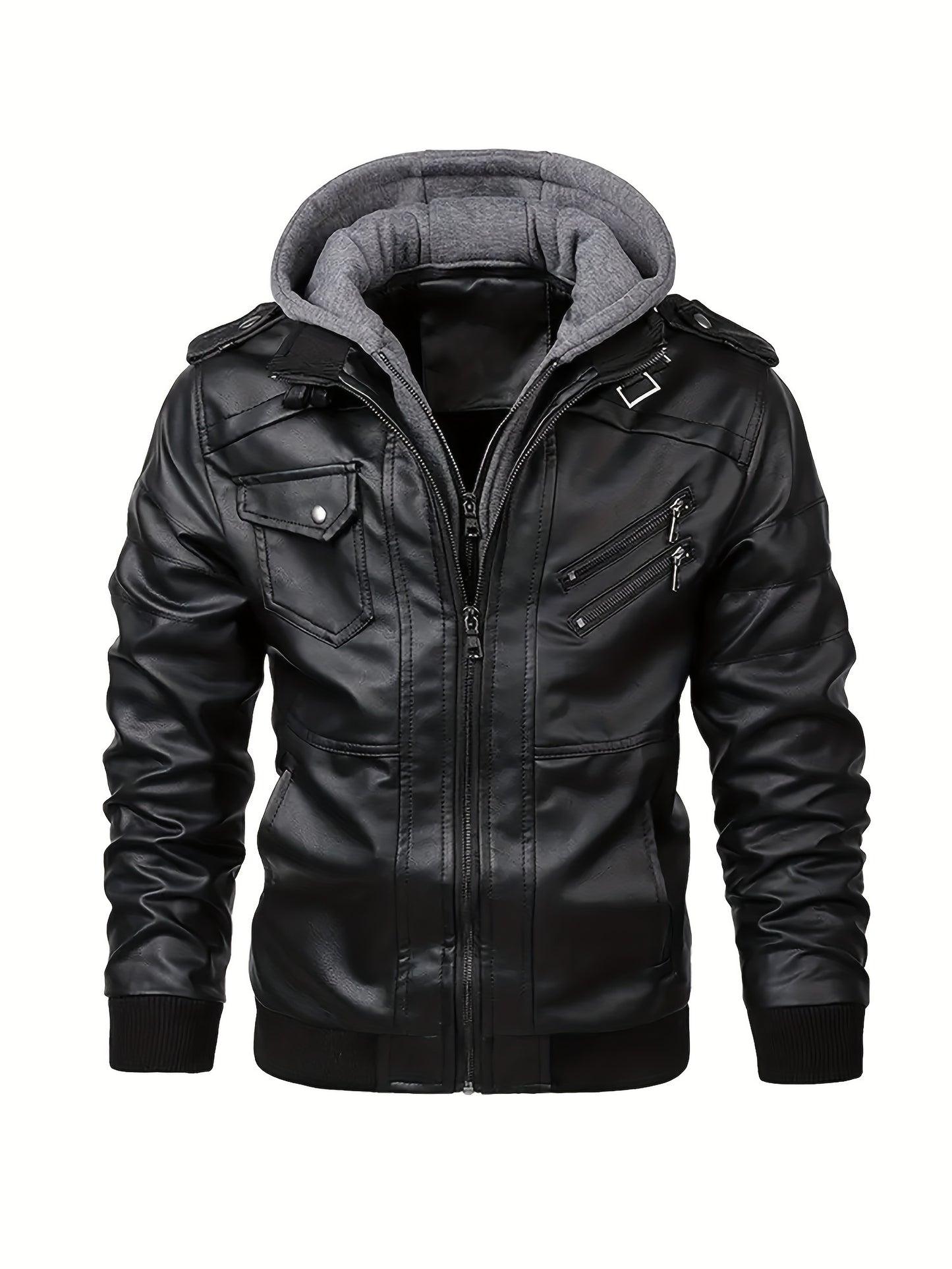 Trendy Mens PU Leather Biker Jacket - Chic Hooded Design with Zip Up Closure - Durable & Stylish Casual Wear