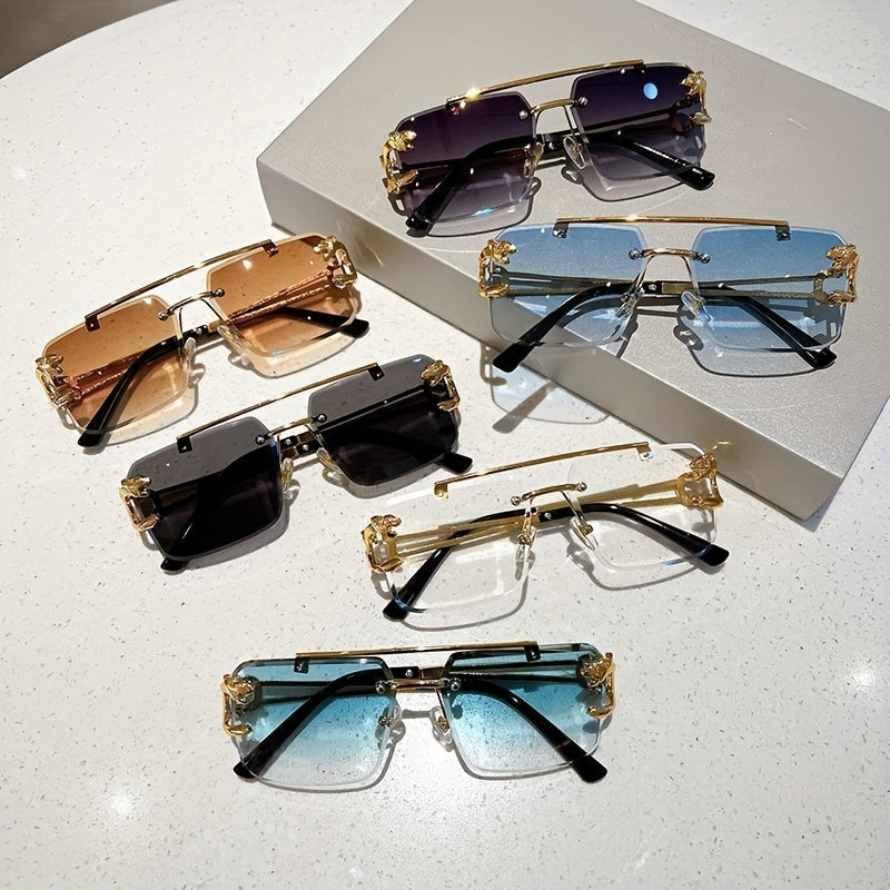 1pc Men's Trendy Square Rimless Sunglasses, Super Cool Gold Tiger Head Decoration Sunglasses Men's Driving Sunshade Anti-glare Glasses