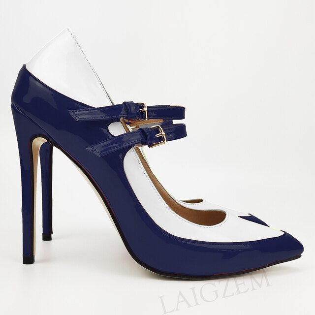 Pinpaixiong Color Contrast Women Heels Buckle Straps Desgin 12CM High Heels Shoes Women Scarpe Donna Tacones Size 34 43 44 47