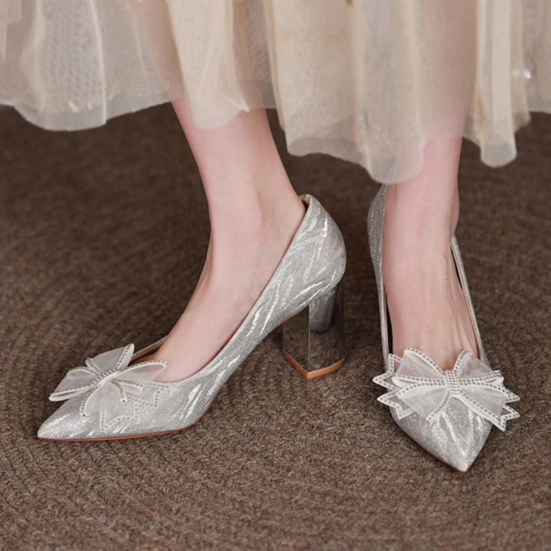 Rimocy Silk Bowknot Square Heels Pumps Women New Crystal Slip-on High Heels Shoes Ladies Sexy Point Toe Shining Party Shoes