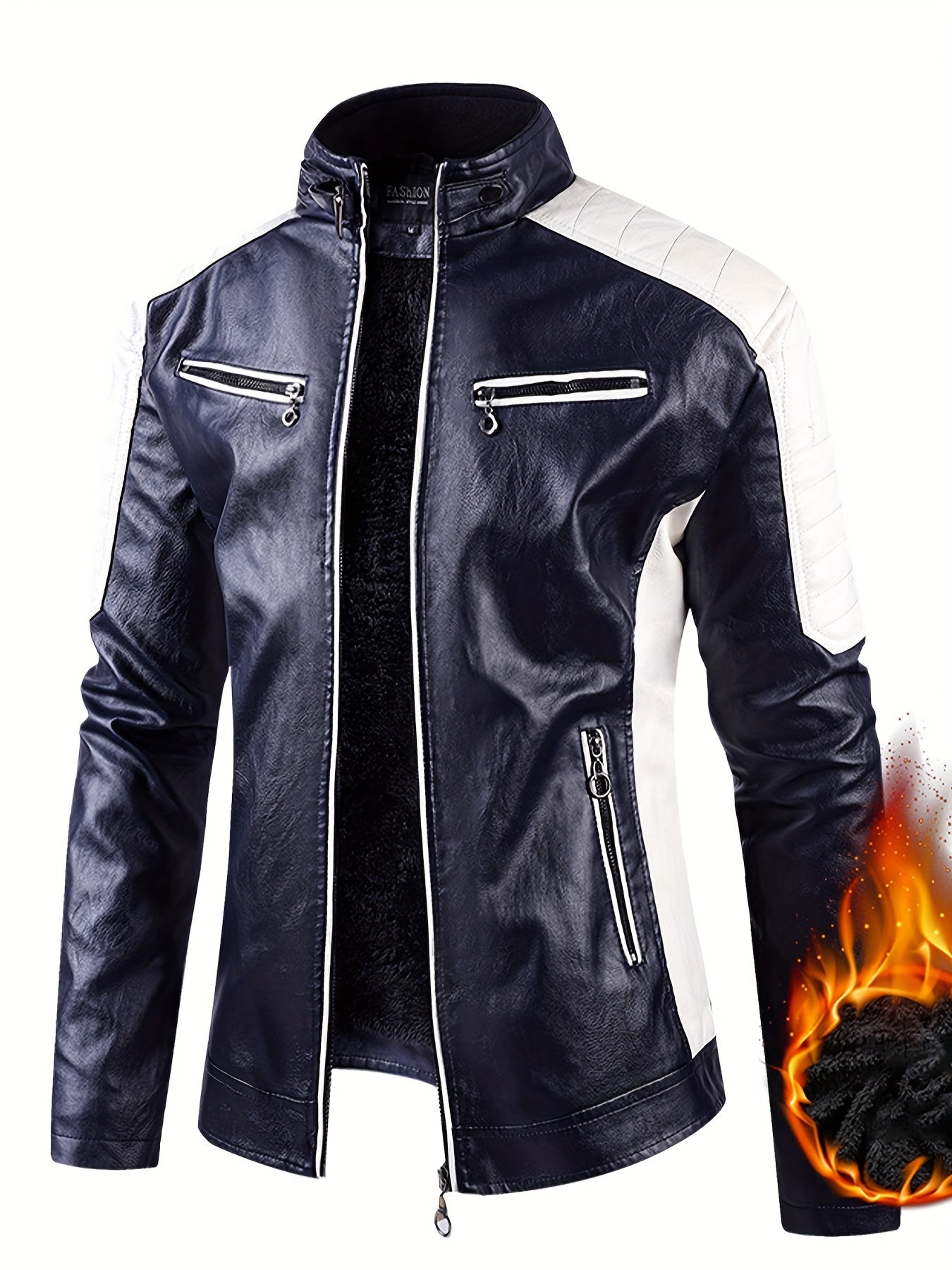 Men's Stylish Warm Fleece PU Jacket | Easy Care, Regular Fit, Solid Color | Chic Winter Casual with Stand Collar