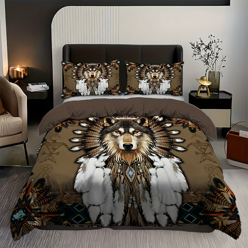 2/3pcs Dreamcatcher Bedding Set - Soft, Comfortable, Ethnic-Inspired Duvet Cover Set with Wolf Pattern for Country-Style Bedroom Decoration - 1 Duvet Cover + 1/2 Pillowcase, Coreless, Easy Care, Hypoallergenic, and Breathable