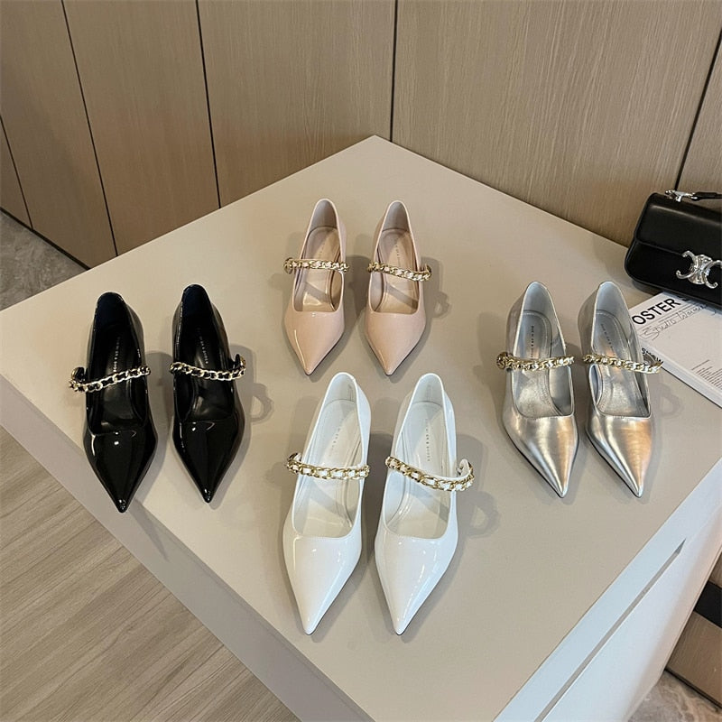 xiangtuibao Patent Leather Women Pumps Pointed Toe Shallow Slip On Black WHite Beige Silver Rhinestone Chain Thin High Heels Dress Shoes 39