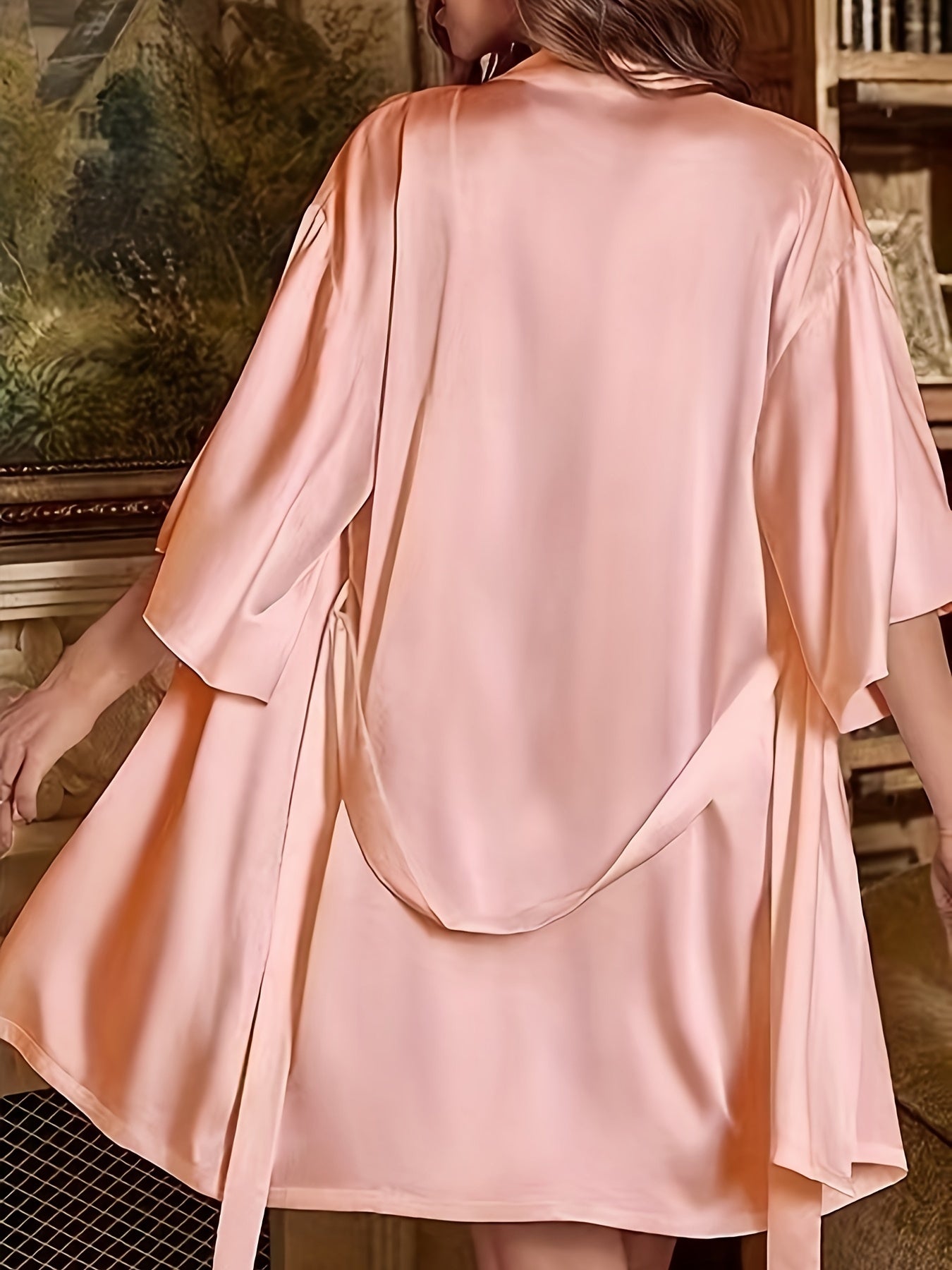 Three-Piece Luxurious Sleepwear Set - Soft Solid Satin Fabric, Stylish Three Quarter Sleeve, Elegant Belted Sleep Robe, Classic Round Neck Slip Dress - Designed for Womens Comfort and Style