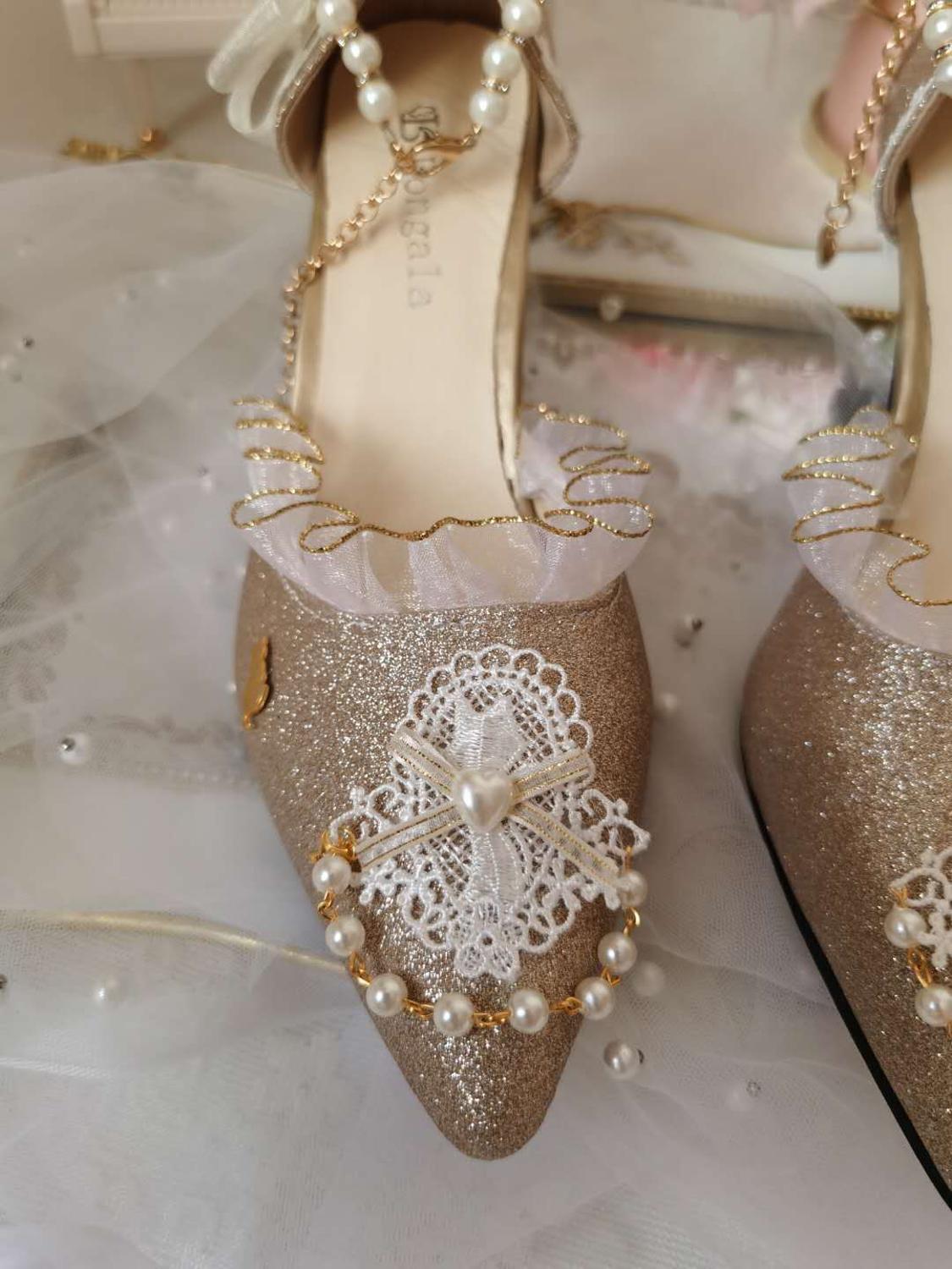 xiangtuibao Japanese Lolita Tea Party High Heels Champagne Elegant Sweet high heel vintage lace bowknot kawaii shoes cosplay loli