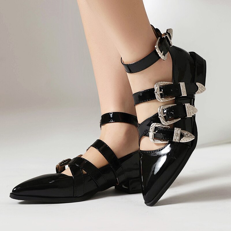 xiangtuibao Plus Size Pointy Shiny Patent Leather Wine Red Low-Heeled Women's Pumps Four-Row Metal Belt Buckle Mary Jane Shoes