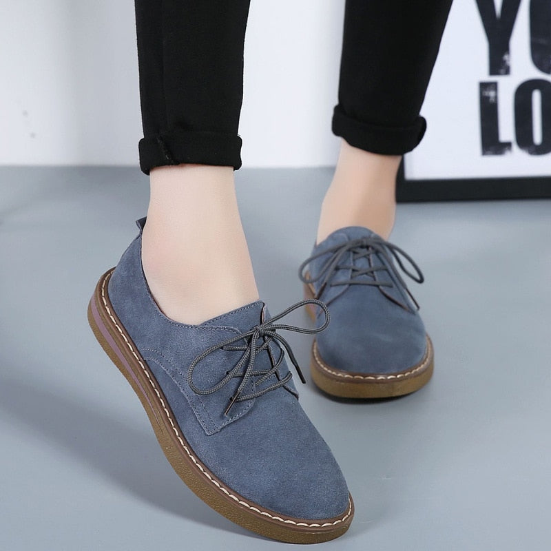 GHJIOL Spring Women Flats Shoes Women Sneakers Leather Suede Lace Up Boat Shoes Round Toe Flats Moccasins Oxford For Women