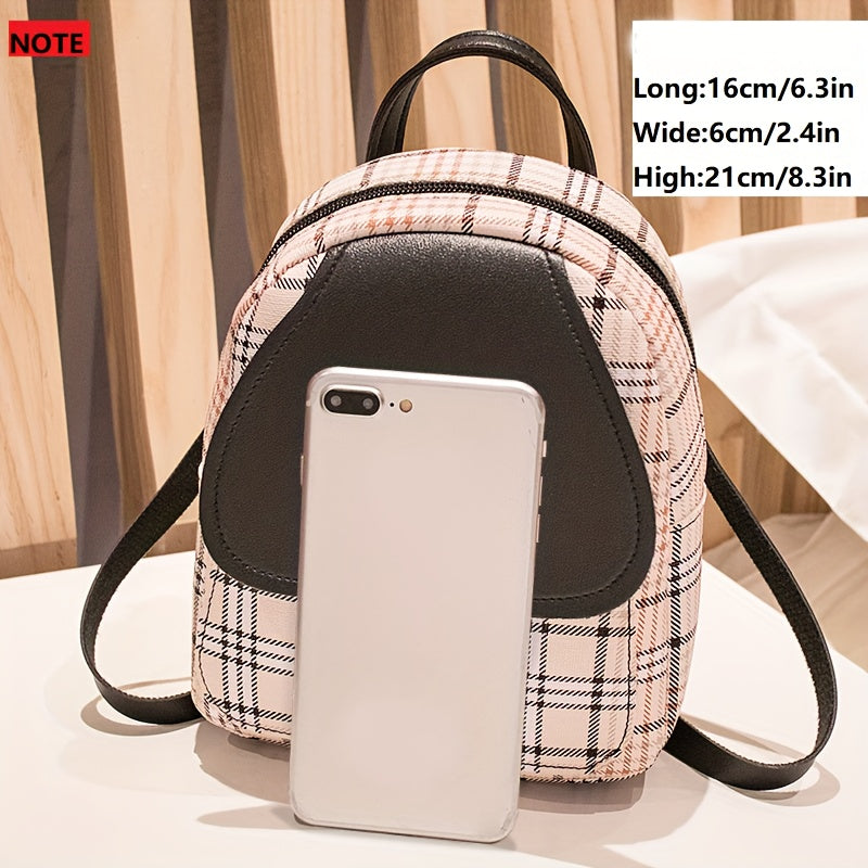 Fashionable Plaid Backpack for Women - Stylish SmallAdjustable Straps, Secure Zipper Compartment, Multipurpose Shoulder Bag for Phone, Camera, Lipstick & Keys
