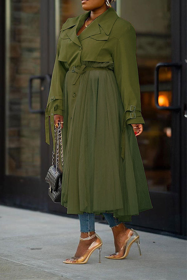 xiangtuibao Solid Color Tulle Patchwork Unusual Belted Trench Coat
