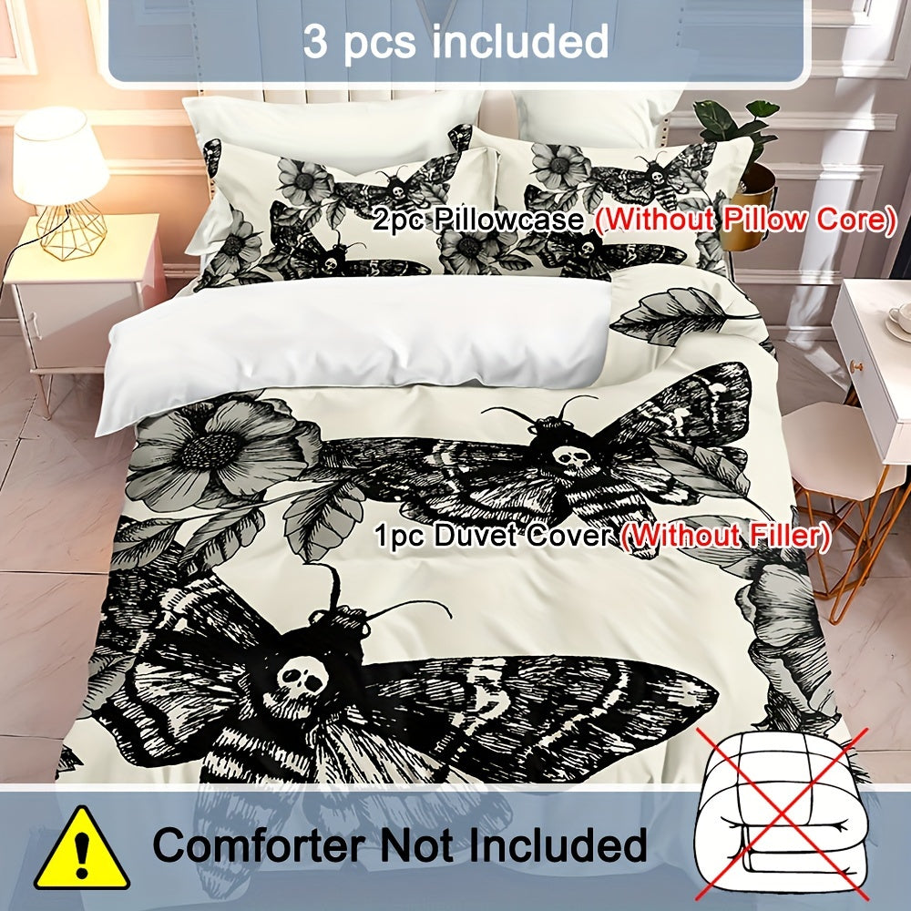 3pcs/set Deaths Head Moth & Flower Luxury Duvet Cover Set - Soft Hypoallergenic Bedding for a Dreamy Sleep - 1 Duvet + 2 Pillowcases, Breathable & Stylish Design, Easy Care, Machine Washable
