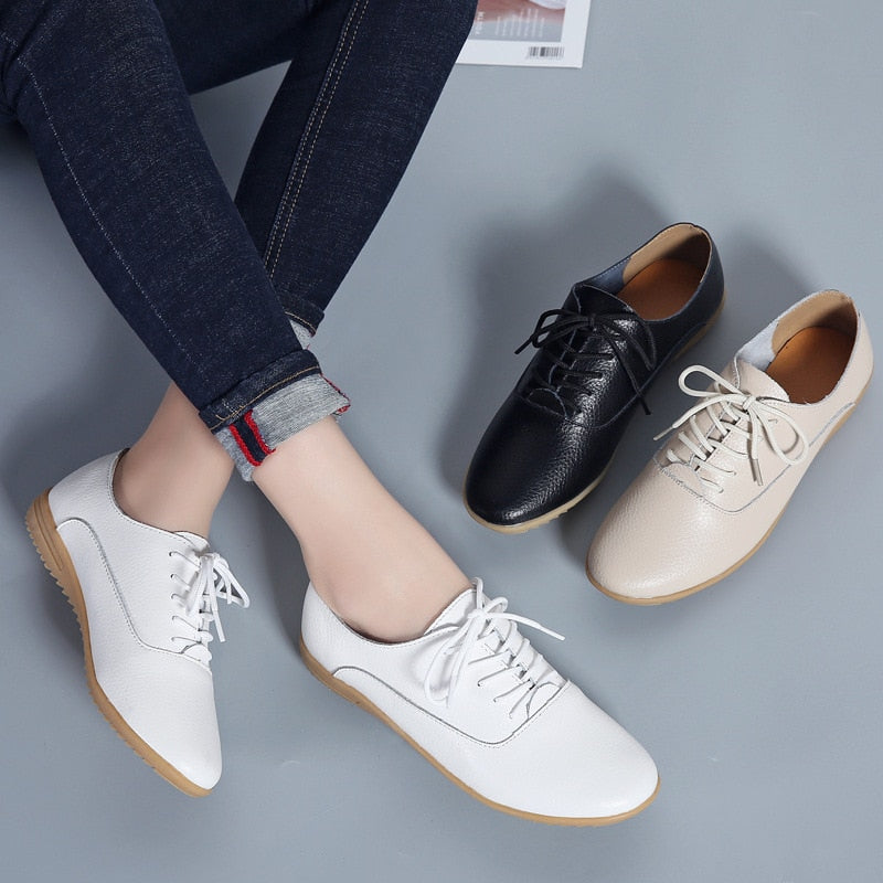 GHJIOL Spring Women Oxford Shoes Ballerina Flats Shoes Women Genuine Leather Shoes Moccasins Lace Up Loafers Zapatos Mujer