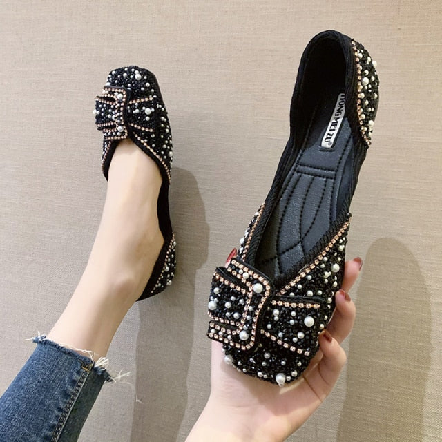 Women Ballet Flats Bling Crystal Diamond Dress Flats Ladies Bow Sequins Single Shoes Rhinestone Glitter Square Toe Size 43