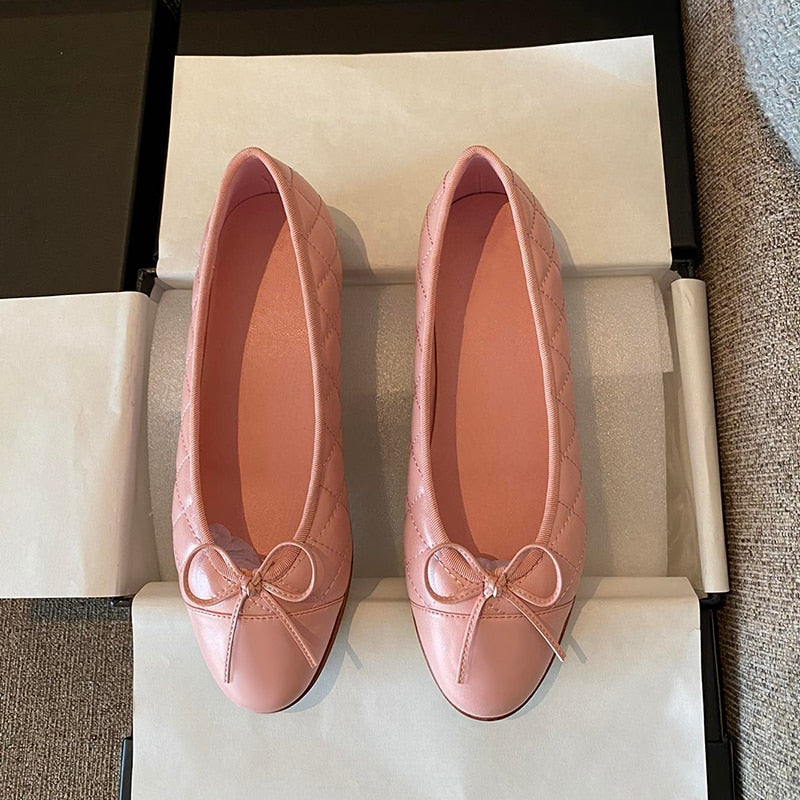 Women Fashion Flats Shoes Genuine Leather Pointed Toe Mixed Color Females Single Shoes Shallow Metal Chain Classic luxury brand