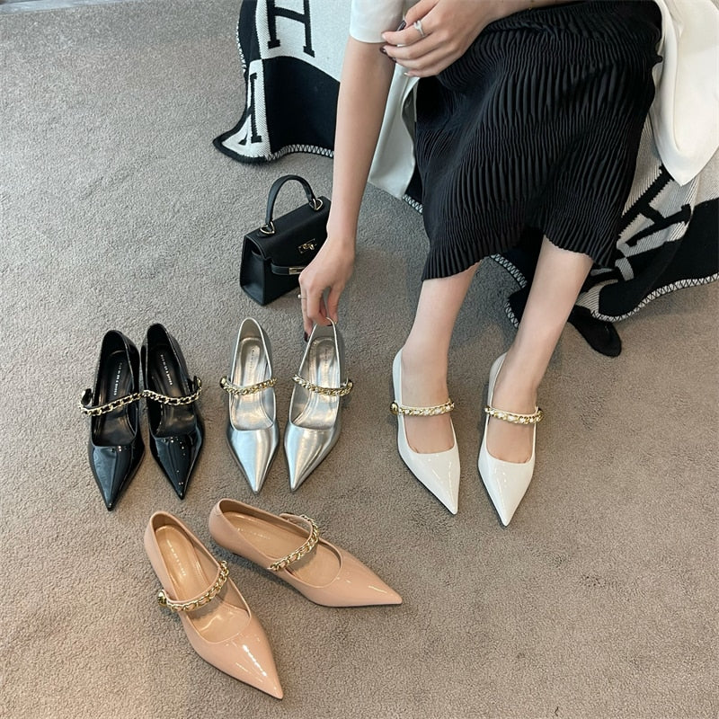 xiangtuibao Patent Leather Women Pumps Pointed Toe Shallow Slip On Black WHite Beige Silver Rhinestone Chain Thin High Heels Dress Shoes 39