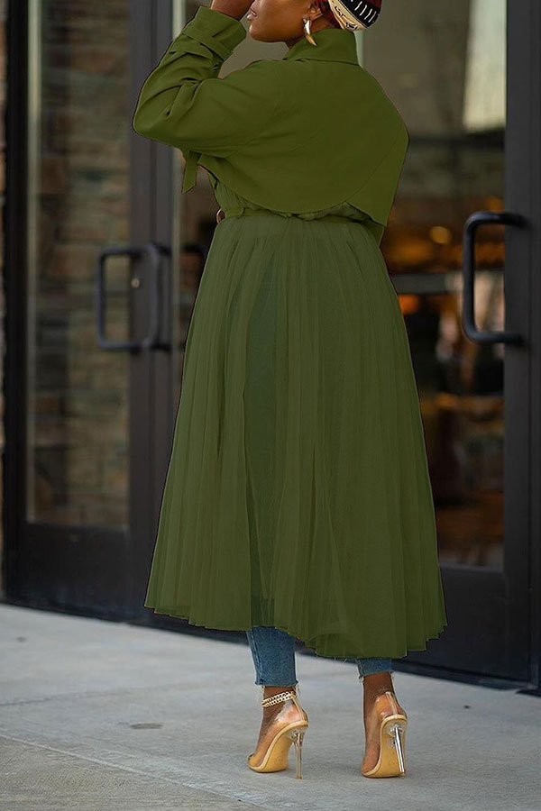 xiangtuibao Solid Color Tulle Patchwork Unusual Belted Trench Coat