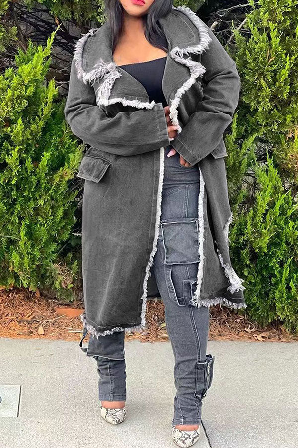 xiangtuibao Ripped Burrs Notched Lapel Casual Denim Coat