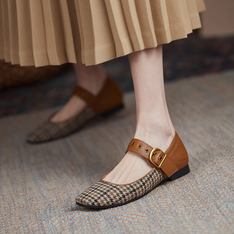 xiangtuibao Women's Fabric Shoes Retro Buckle Strap Spring/Autumn Ethnic Flat Shoes Square Toe Shoes Woman Patchwork Footwear