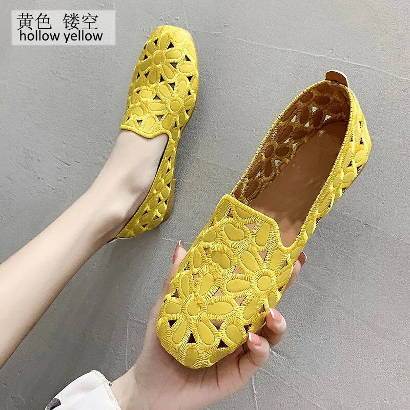 xiangtuibao Square Toe Loafers Women Soft Leather Flats Ladies Hollow Out Flat Shoes Woman Flats Embroidery Loafers