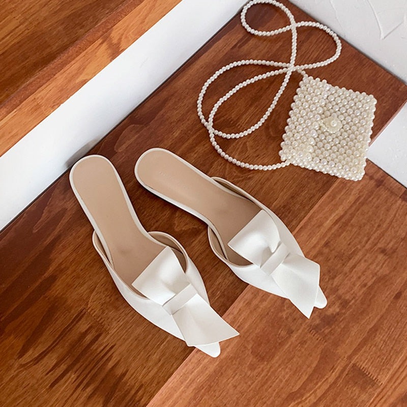 Pointed flat bow slippers women summer wear Baotou half slippers new fashion lazy sandals women's shoes