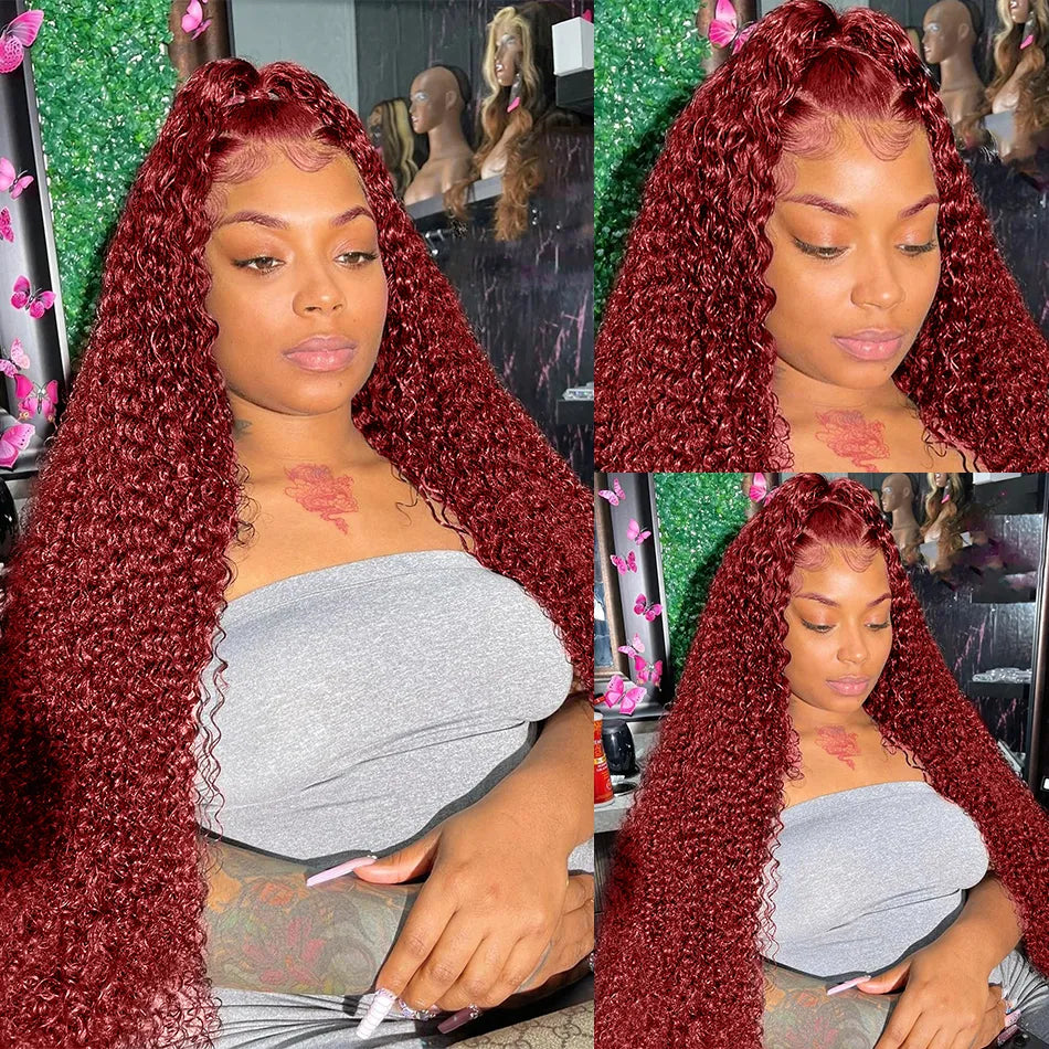 13x4 Red Color 180% Curly Human Hair Wigs for Women 99J Burgundy Transparent Deep Wave Lace Frontal Wig Synthetic