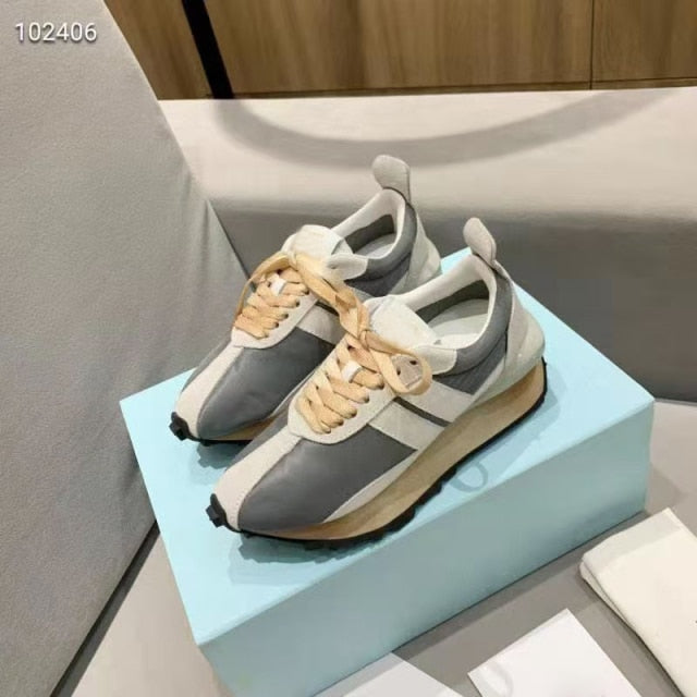 Spring Thick Sole Casual Daddy Shoes Women Flat Mixed Color Lace Up Patchwork Sneakers Outdoor Walk Tennis Shoes Unisex