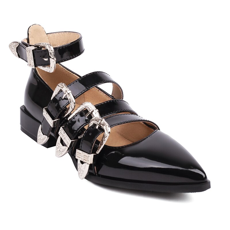 xiangtuibao Plus Size Pointy Shiny Patent Leather Wine Red Low-Heeled Women's Pumps Four-Row Metal Belt Buckle Mary Jane Shoes